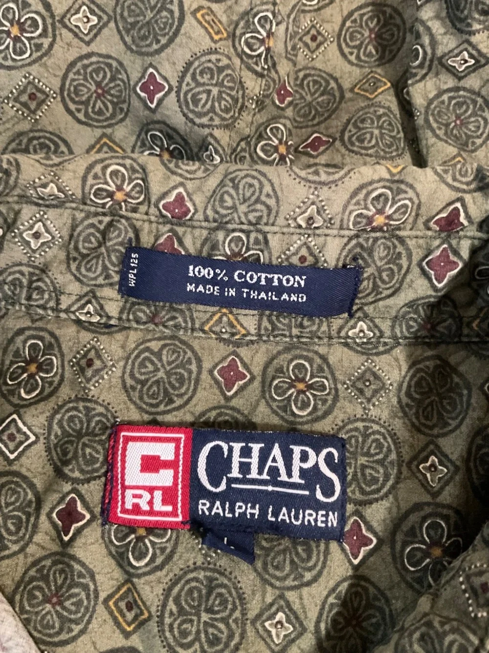 Chaps Ralph Lauren Men’s Shirt L Geometric Print Button Short Sleeve OliveGreen